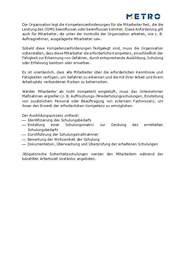 METRO OHS Kompetenzanforderungen (403-5)