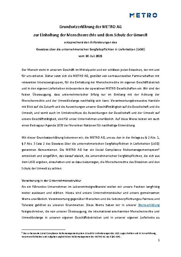 Grundsatzerklärung der METRO AG zur Einhaltung der Menschenrechte und dem Schutz der Umwelt (LkSG)