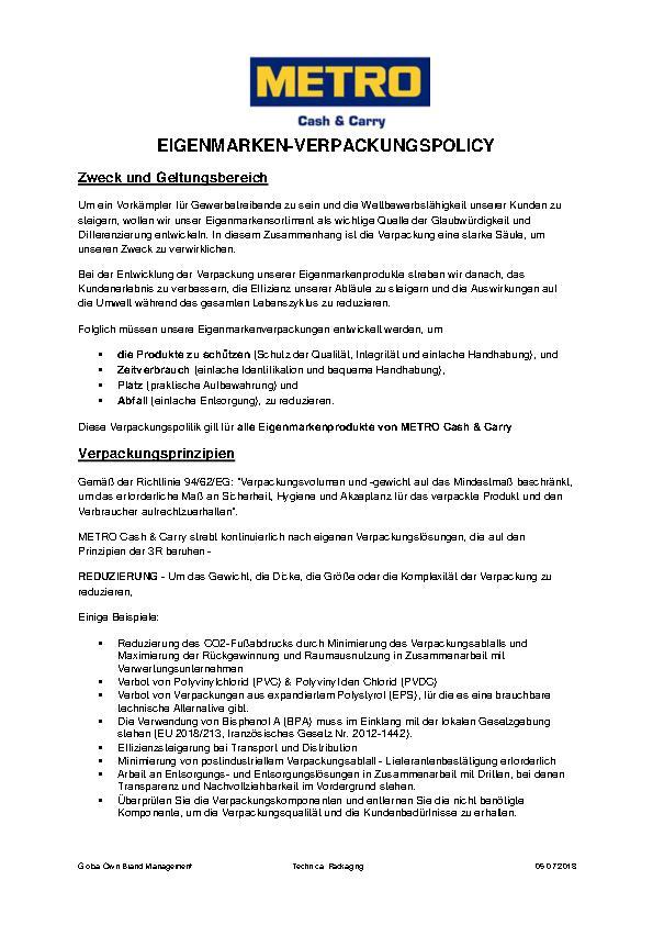 METRO Cash & Carry - Eigenmarken-Verpackungspolicy